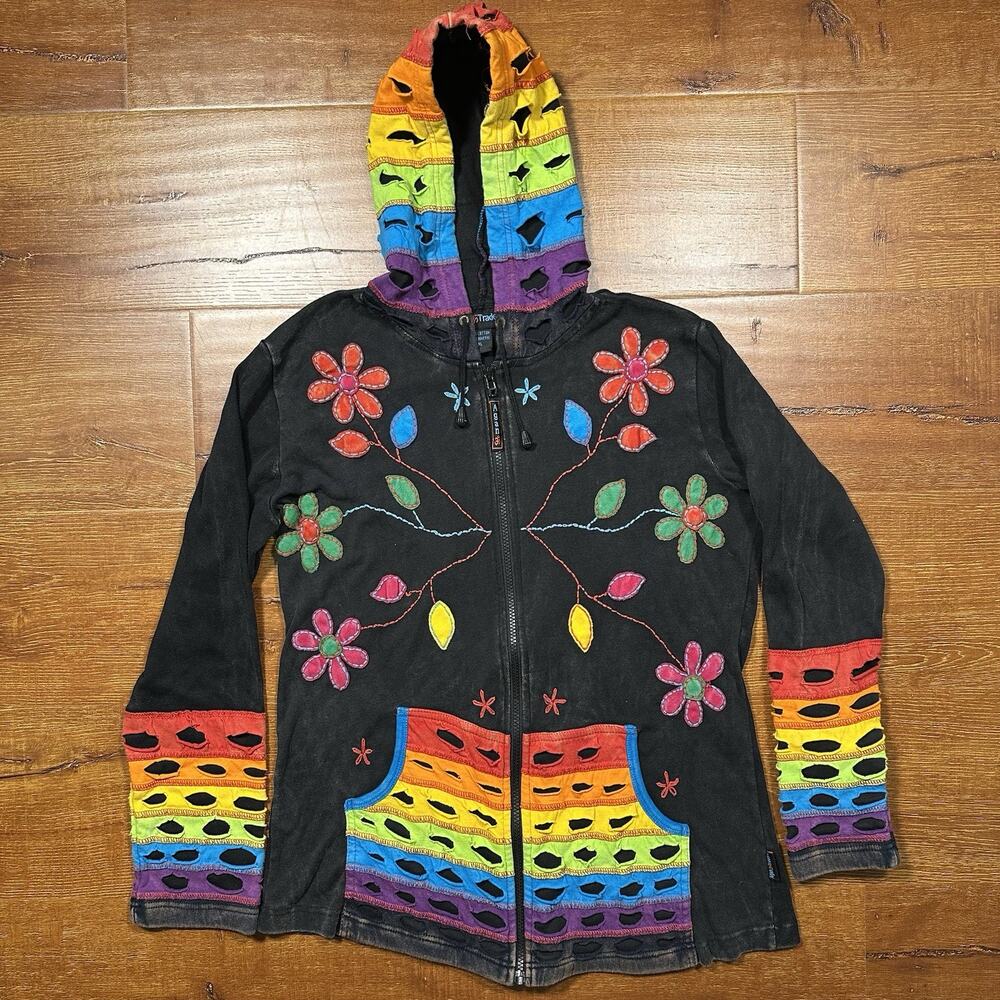 Agan Traders Boho Hoodie Sweater Womens XL Black Patch Floral Handmade in Napal